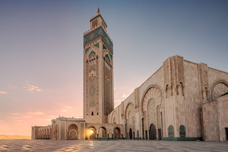 Ray of light at Hassan II Mosque, largest mosque in Morocco. Shot after sunset at blue hour in Casablanca.